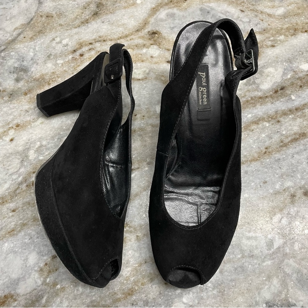 Paul Green Peep Toe Black Suede Slingback Heels